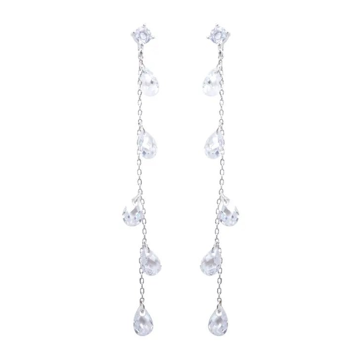 Crystal Teardrop Long Earrings - Silver - The Nines