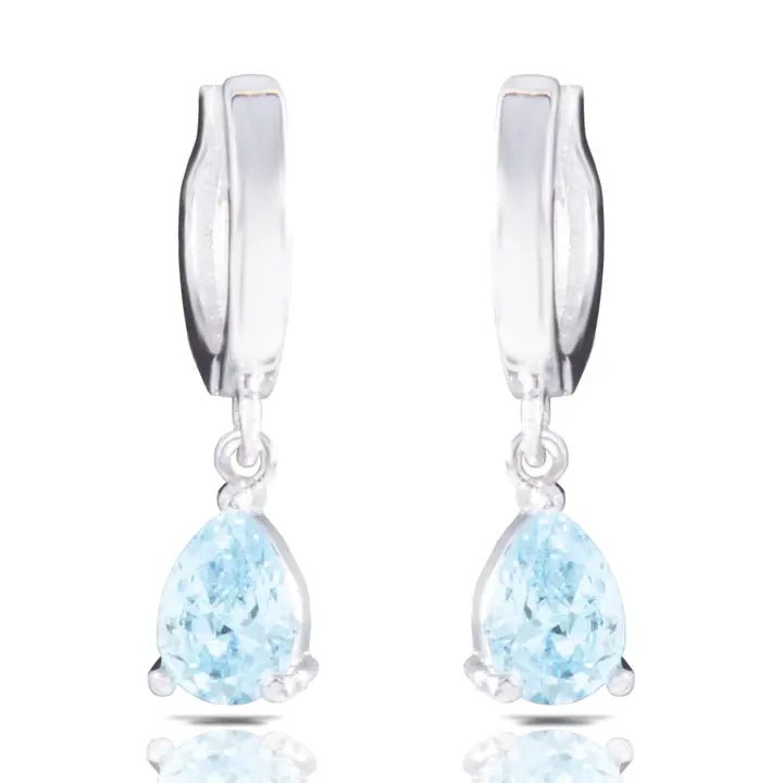 Silver Aquamarine Cz Pear Drop Huggie Earrings - The Nines