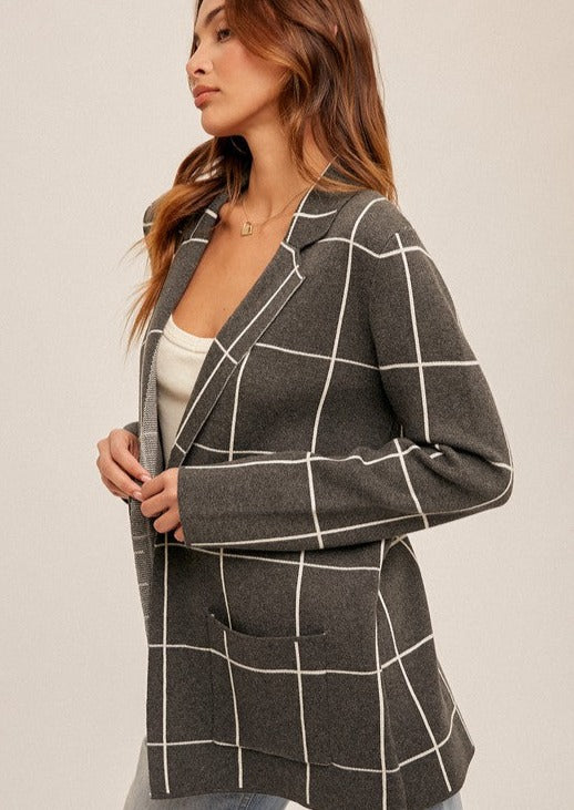 Charcoal Grid Lightweight Sweater Blazer