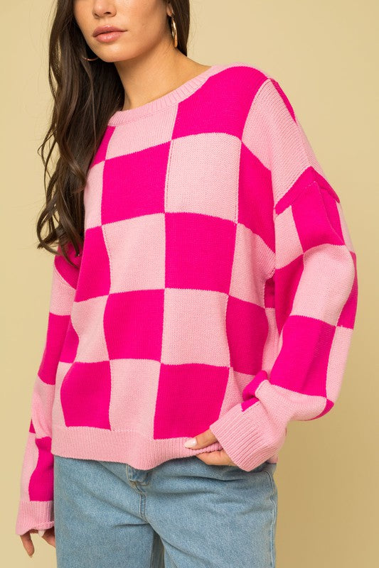 Hot Pink Check Print Sweater