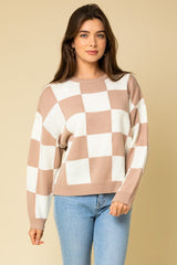 Taupe Check Print Sweater