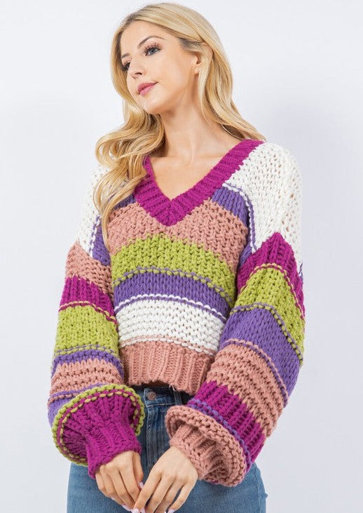 Colorful Chunky Knit Cropped Pullover