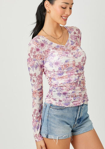 Cream Floral Ruched Top