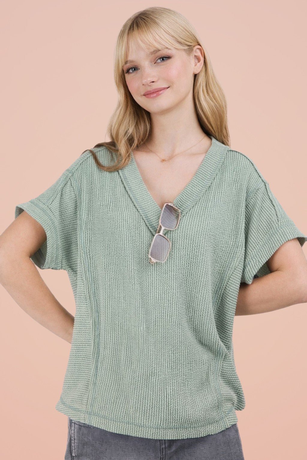 Ribbed V - neck Top - 3 Colors! - The Nines