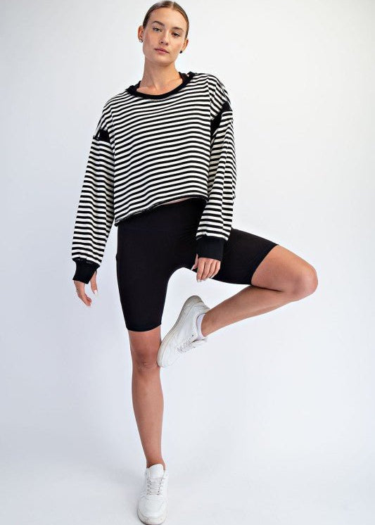 Black Striped Open Back Long Sleeve Top - The Nines