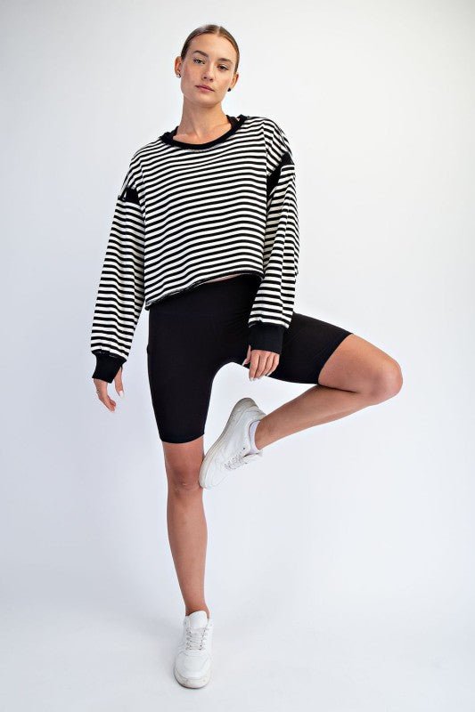 Black Striped Open Back Long Sleeve Top - The Nines