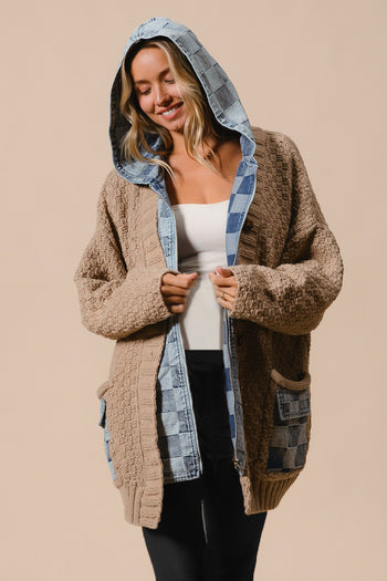 Washed Check Denim Oversized Zip Up Sweater Cardigan