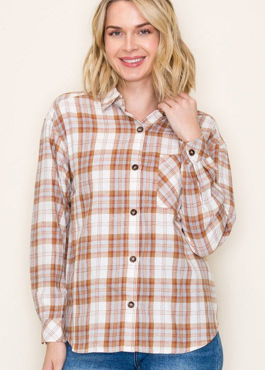 Camel & Light Blue Plaid Top - FINAL SALE! - The Nines