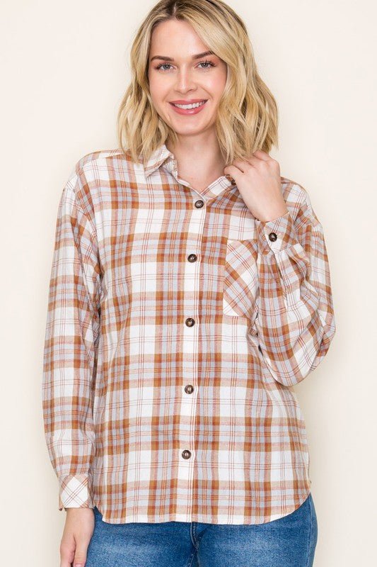 Camel & Light Blue Plaid Top - FINAL SALE! - The Nines