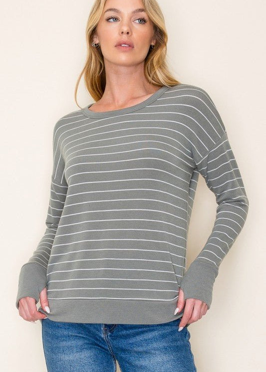 Olive Striped Thumbhole Top - The Nines