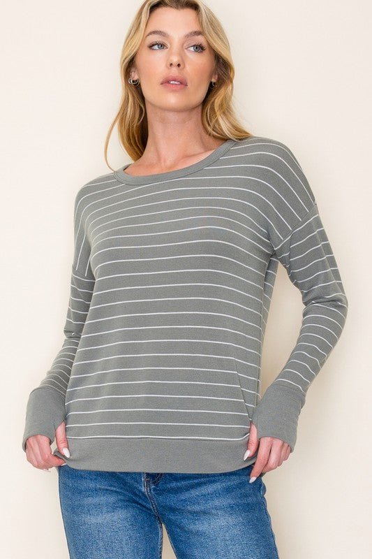 Olive Striped Thumbhole Top - The Nines