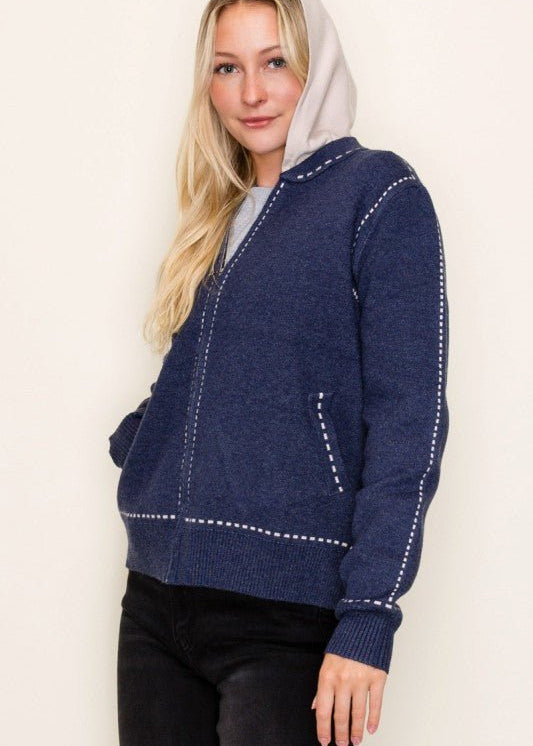 Stitched Sweater Jacket with Detachable Hood - 2 Colors! - The Nines