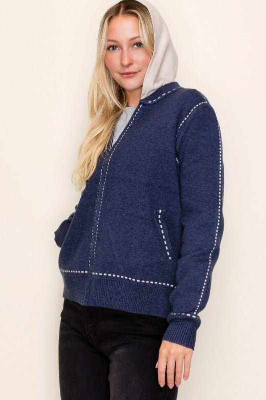 Stitched Sweater Jacket with Detachable Hood - 2 Colors! - The Nines