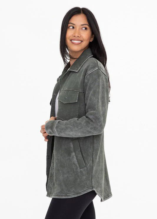 Mono B Forest Green French Terry Snap Button Shacket - The Nines