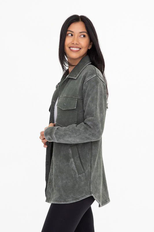 Mono B Forest Green French Terry Snap Button Shacket - The Nines