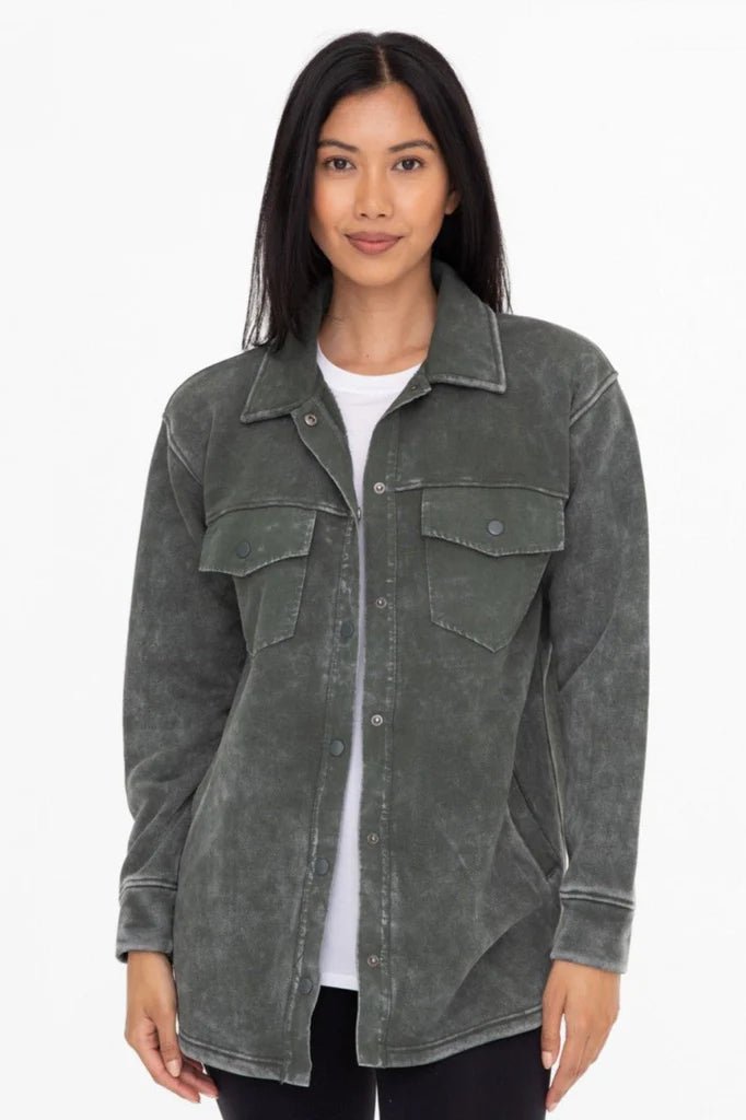 Mono B Forest Green French Terry Snap Button Shacket - The Nines