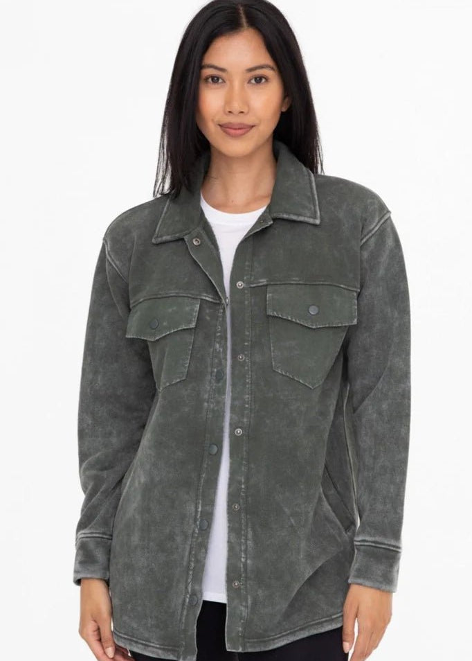 Mono B Forest Green French Terry Snap Button Shacket - The Nines