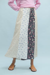 Blue & Cream Floral Drawstring Midi Skirt