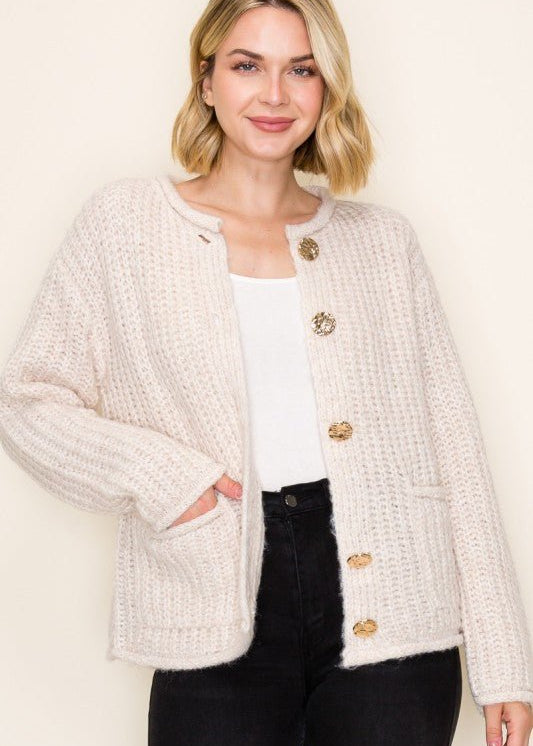 Oatmeal Gold Button Chunky Cardigan - The Nines