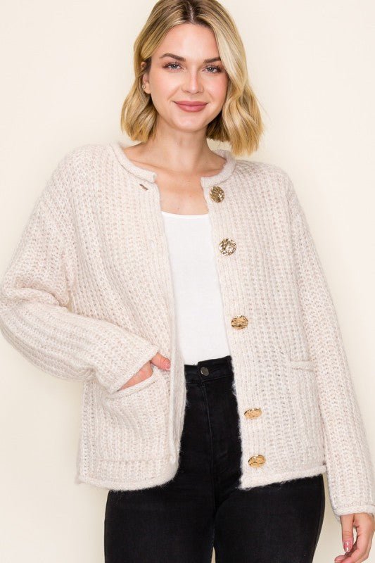 Oatmeal Gold Button Chunky Cardigan - The Nines