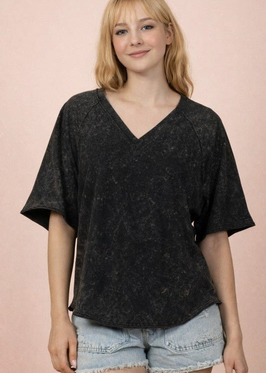 Back Shirred Mineral Wash V - neck Tee - 4 Colors! - The Nines