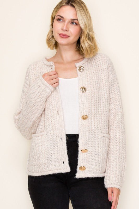Oatmeal Gold Button Chunky Cardigan - The Nines