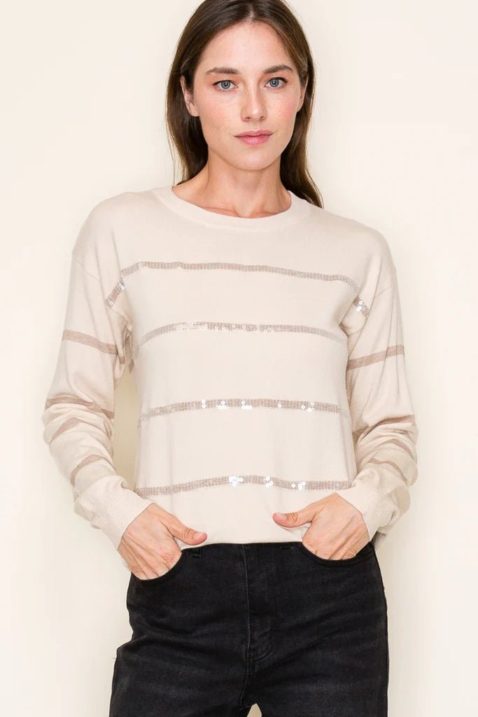 Oatmeal Sequin Stripe Pullover - The Nines