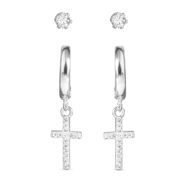 Cross Huggie and Stud Duo Earrings - Silver - The Nines