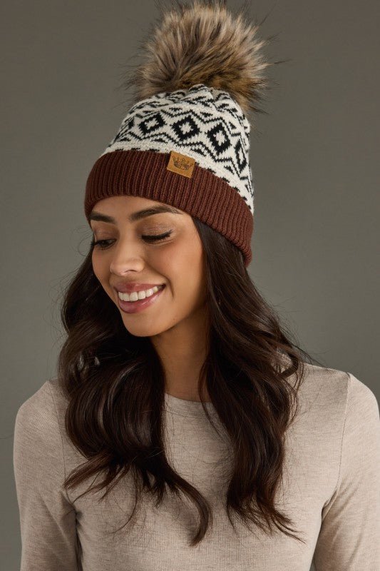 Brown & Black Patterned Pom Hat - The Nines