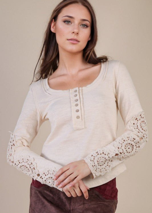 Natural Crochet Sleeve Henley - The Nines