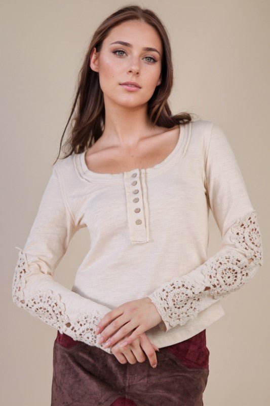 Natural Crochet Sleeve Henley - The Nines