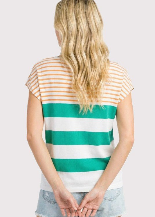 Kelly Green & Orange Knit Short Sleeve Top - The Nines