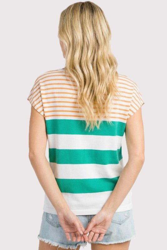 Kelly Green & Orange Knit Short Sleeve Top - The Nines