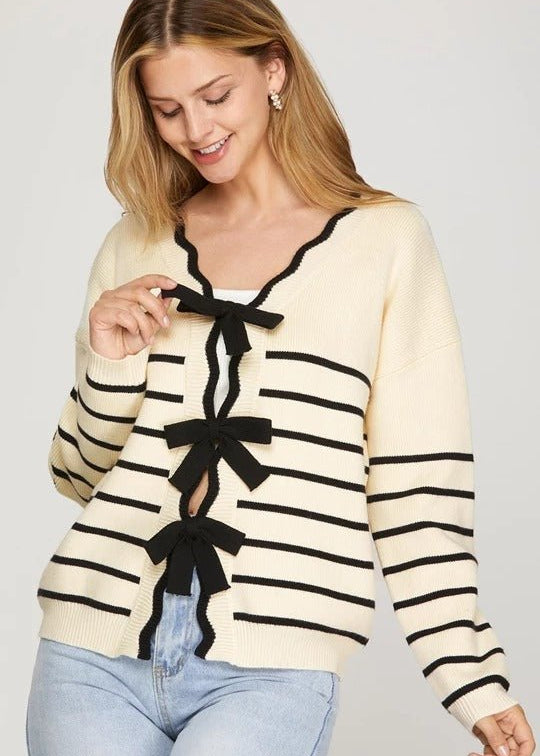 Cream & Black Striped Bow Top - The Nines