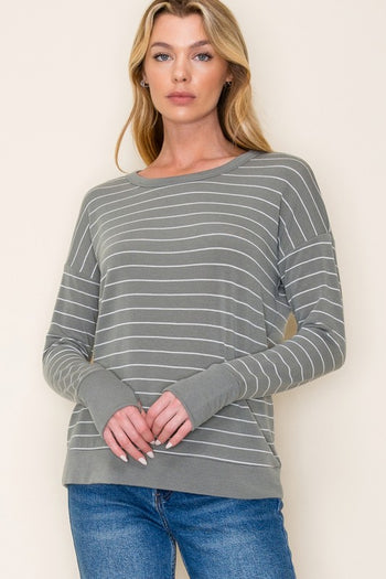 Olive Striped Thumbhole Top