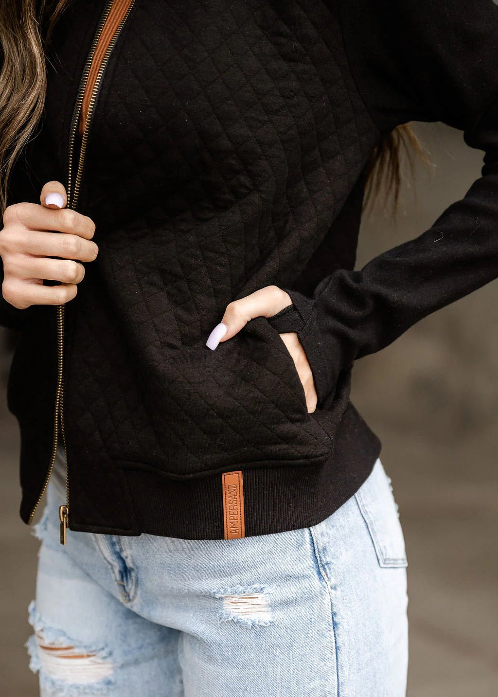 Black Ampersand Quilted Bomber with Thumbholes - The Nines