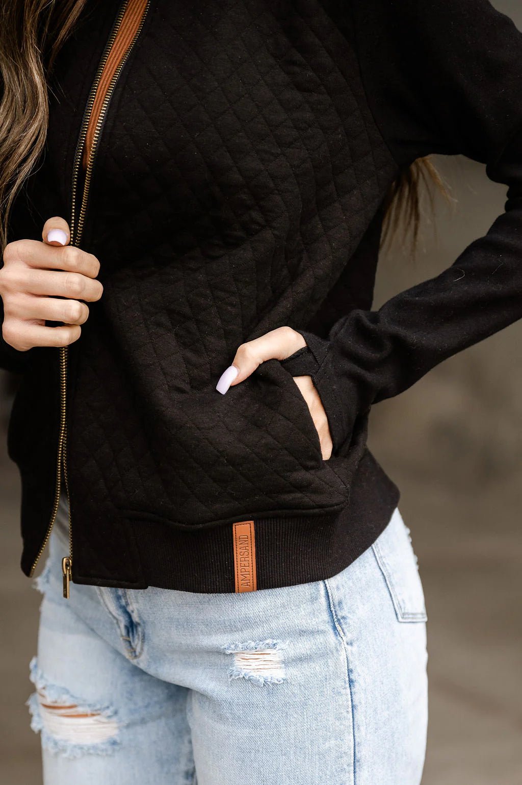 Black Ampersand Quilted Bomber with Thumbholes - The Nines