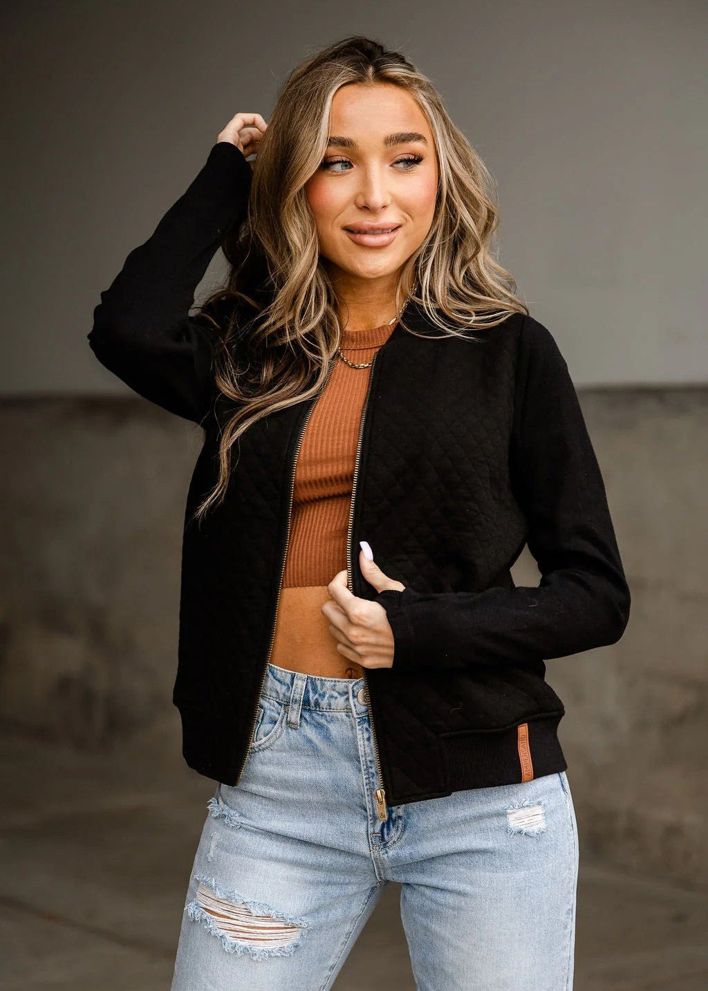Black Ampersand Quilted Bomber with Thumbholes - The Nines