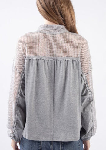 Heather Gray Open Knit Sleeve Henley Pullover