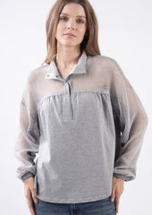 Heather Gray Open Knit Sleeve Henley Pullover