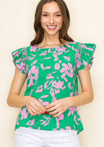 Green Floral Ruffle Sleeve Top