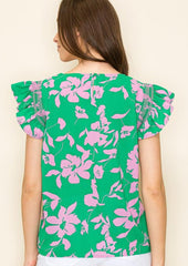 Green Floral Ruffle Sleeve Top