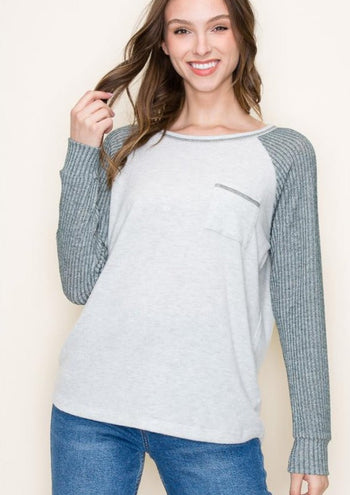 Green Knit Sleeve Brushed Top