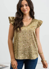 Olive Ruffle Floral Top