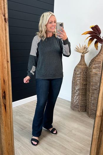 Charcoal Striped Sleeve Knit Top