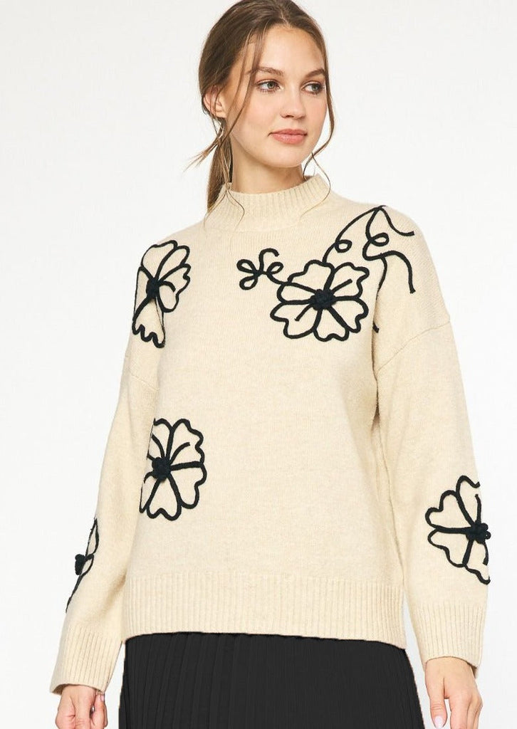 Natural & Black Floral Stitched Sweater