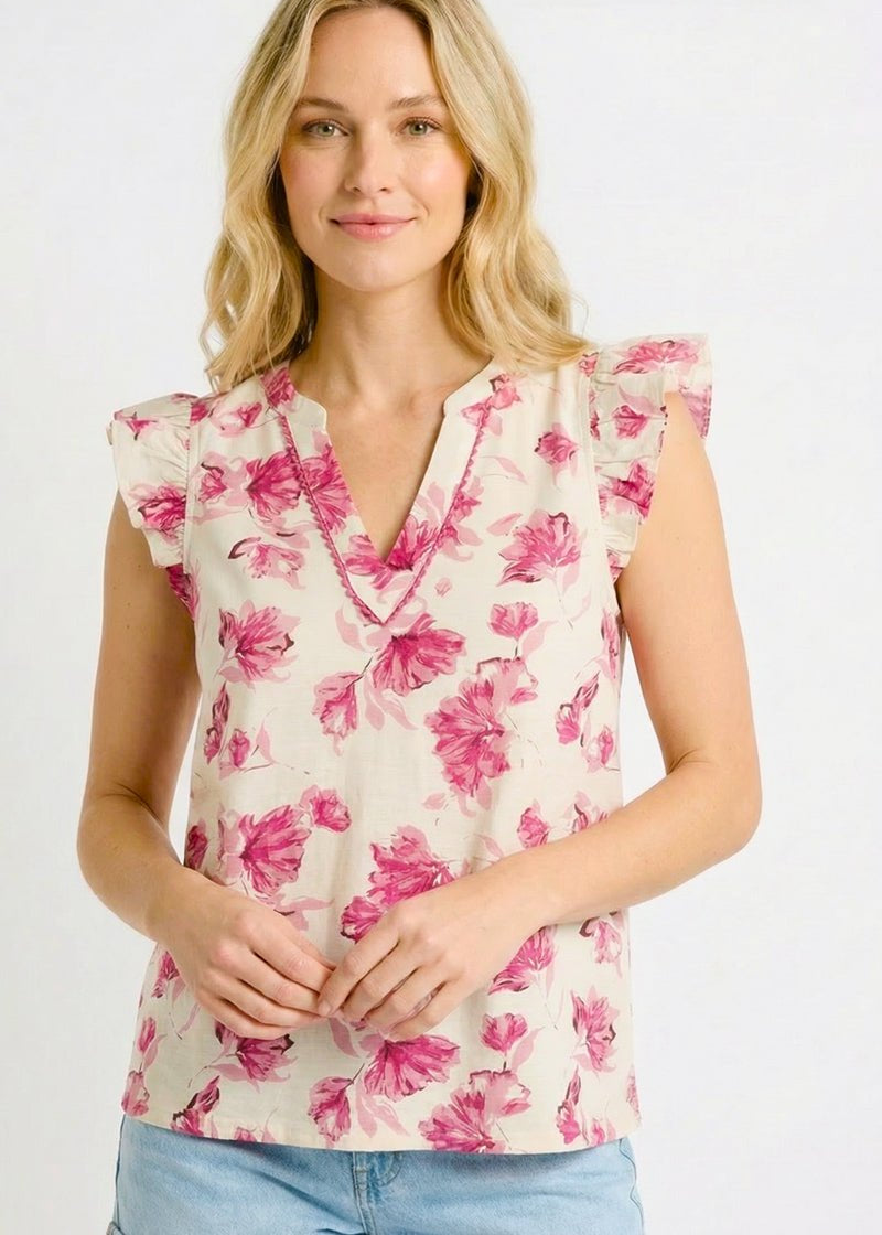 Fuchsia Floral V - neck Top - The Nines