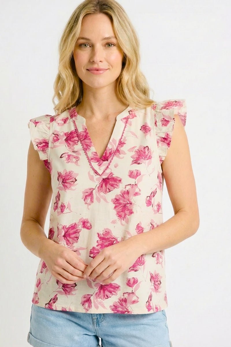 Fuchsia Floral V - neck Top - The Nines