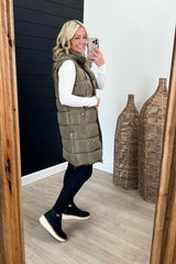 Olive Side Zip Long Puffer Vest