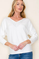 Ivory Rhinestone Dolman 3/4 Sleeve Top